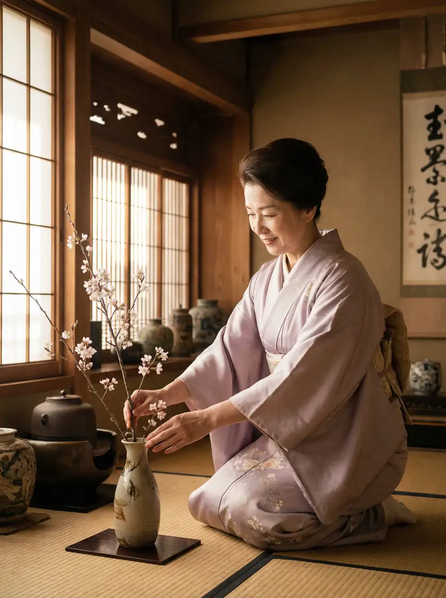 一位优雅的 头号玩家平台 在和室中插花